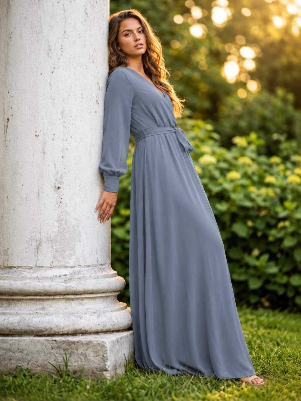 Dusty Blue Elegant Long Sleeve V-Neck Flowy Feminine Wedding Maxi Dress Sz S
